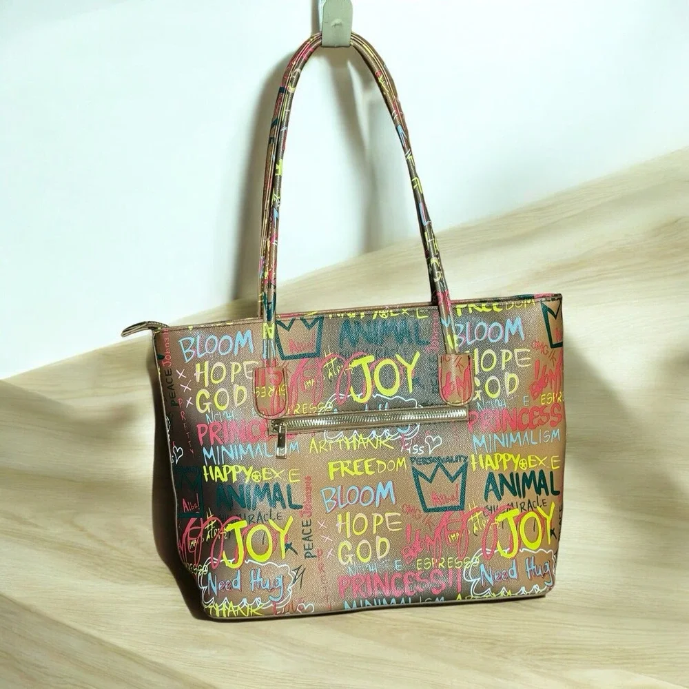 ALBA Graffiti Shoulder Bag Tote Inspirational God Hope Joy Peace Happy Art Hug E